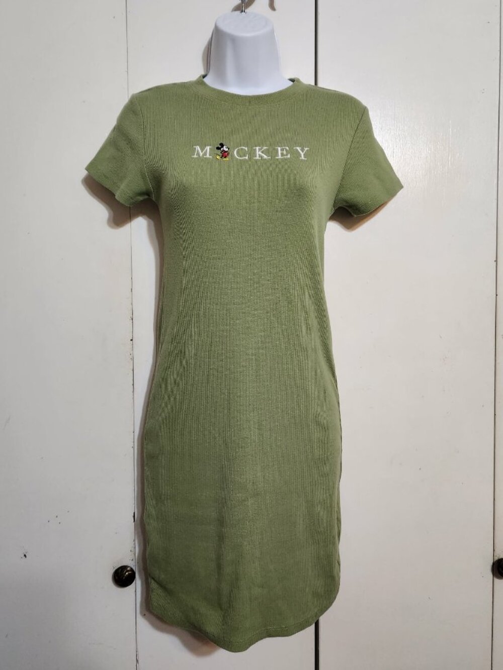 Disney Mickey Mouse Dress Medium Sage Green Ribbed Knit Short Sleeve Bodycon M